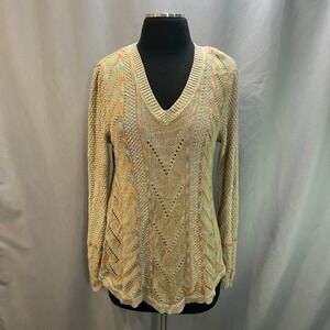 Love On A Hanger Sweater Womens Medium Beige Open Knit Asymmetrical Hem V Neck